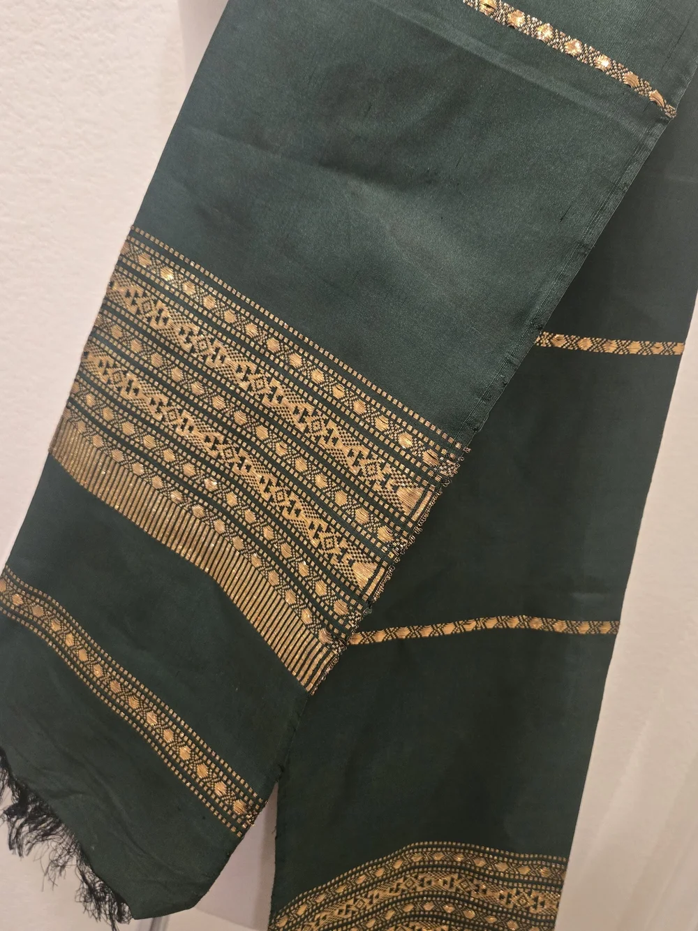 Classic Dark Green Silk Scarf with Gold Trim